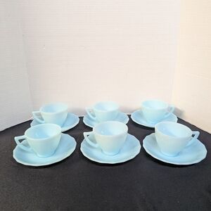 Set of 6 Pyrex blue delphite tea cups and saucers piecrust crown details bundle